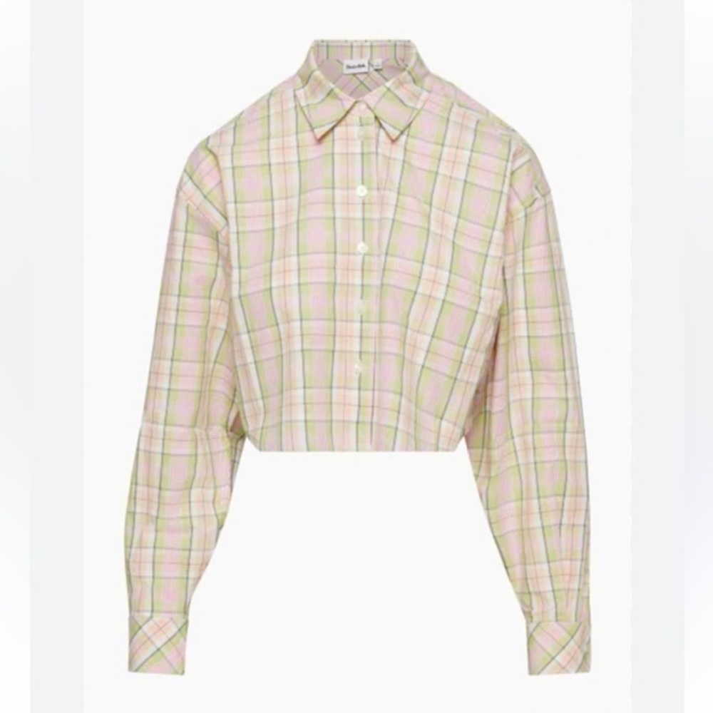 Sun-Deh Oversized Cropped Plaid Collared Button Down Blouse Cotton Size Small